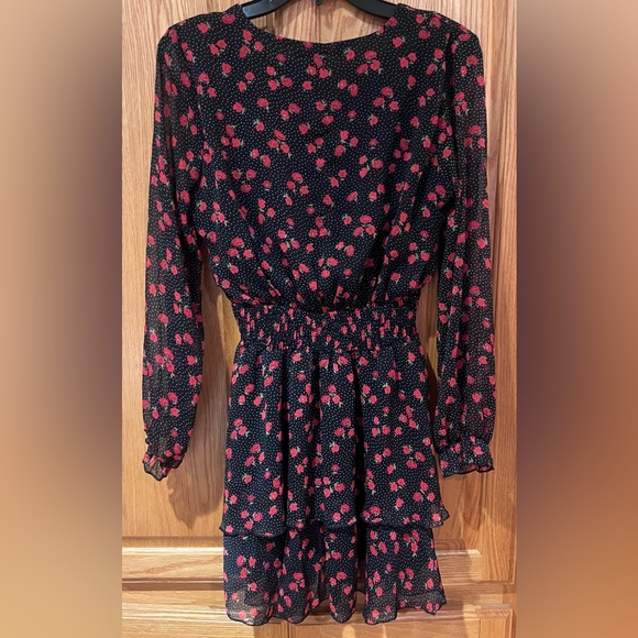 ZARA Floral Chiffon Long Sleeve V-Neck Flounced‎ Mini Dress Black Red Size Small - Picture 14 of 16